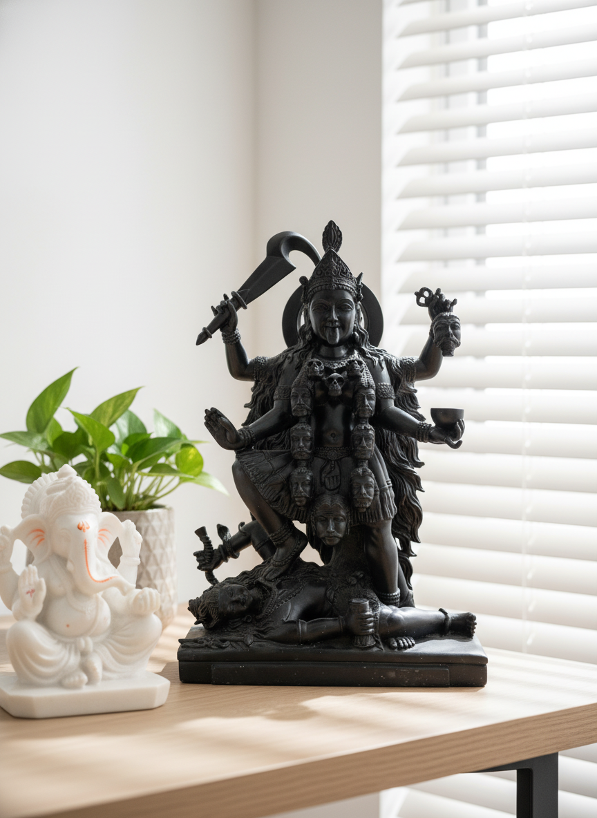Black Kali standing on Shiva statue