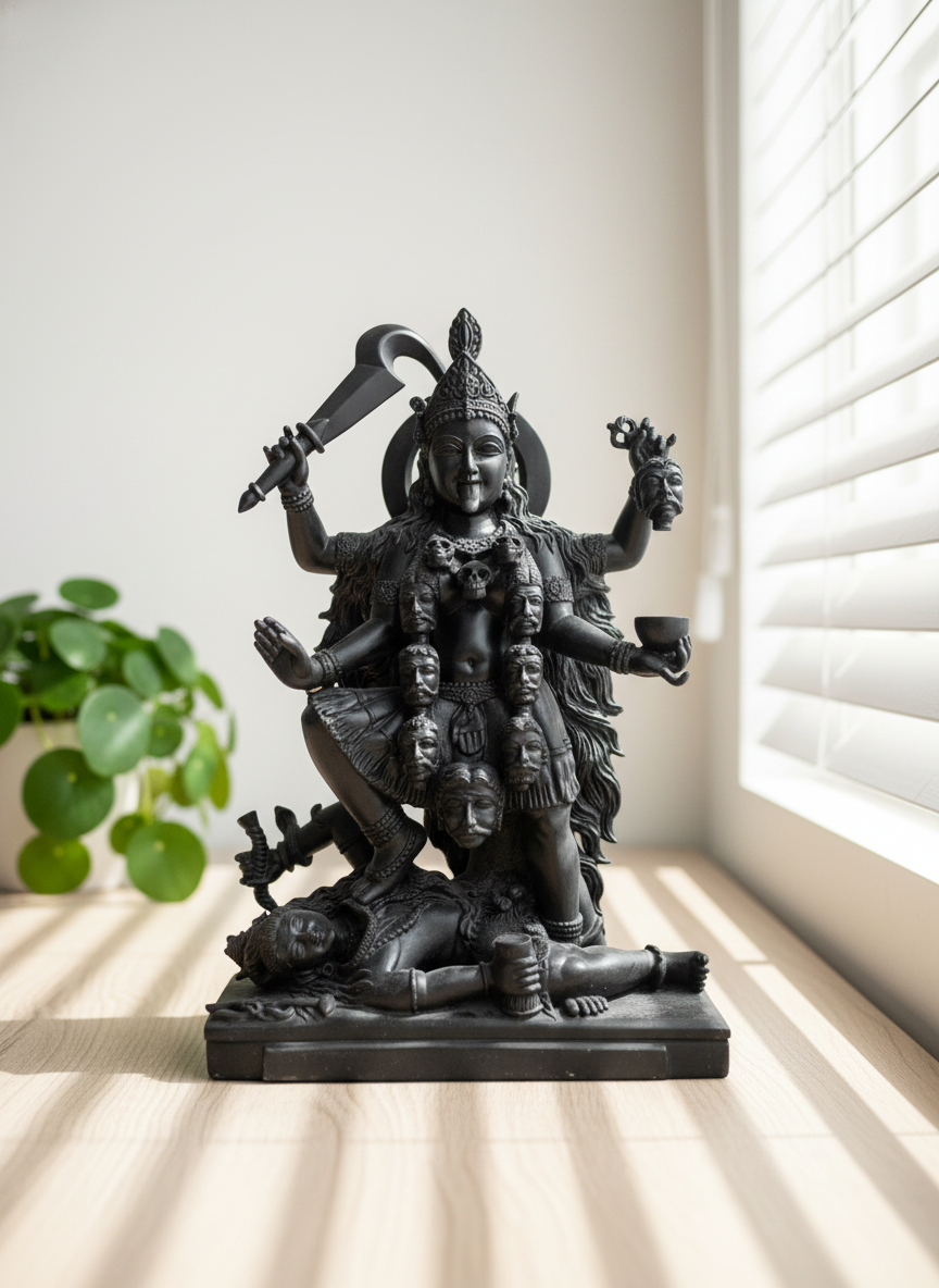Black Kali standing on Shiva statue