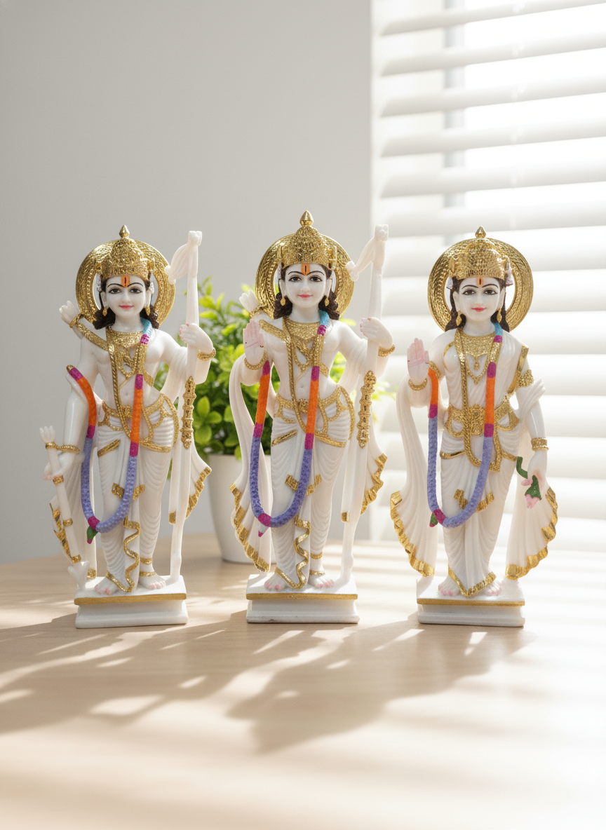 Gold-adorned white marble deity statues